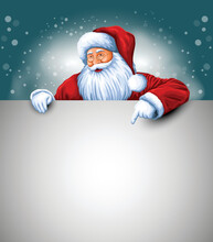 Santa Claus Pointing On Blank Paper Banner Background With Copy Space. Abstract Vector Illustration Design