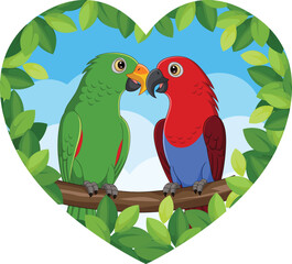 Poster - Cartoon Parrots Lovely Couple on Tree Branch