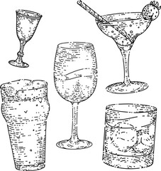 Sticker - drink glass set hand drawn vector. alcohol menu, vintage bar, ice food beverage, restaurant cup drink glass sketch. isolated black illustration