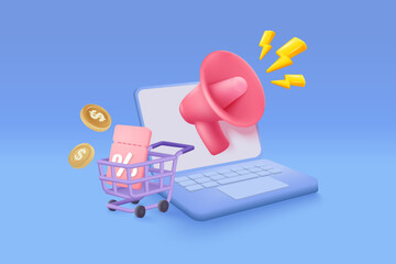 3D shopping online with laptop, product shipping packing, shopping bag or basket. Payment protection with password secure for online payment concept. Notebook icon 3d vector render illustration