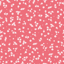 Cute Floral Pattern. Seamless Vector Texture. An Elegant Template For Fashionable Prints. Print With Small White Flowers And  Leaves. Pink Background.
