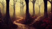 A Path In A Fabulous Forest, Vine In The Middle Of Fantasy Fairy Tale Forest Landscape, Digital Art Style, Illustration Painting.