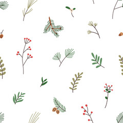 Wall Mural - Seamless floral pattern, Christmas branches, plants. Winter fir twigs, red berries background design, repeating print for wrapping, textile. Botanical texture. Colored flat vector illustration