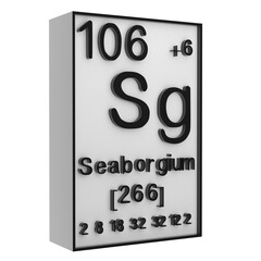 Seaborgium,Phosphorus on the periodic table of the elements on white blackground,history of chemical elements, represents the atomic number and symbol.,3d rendering
