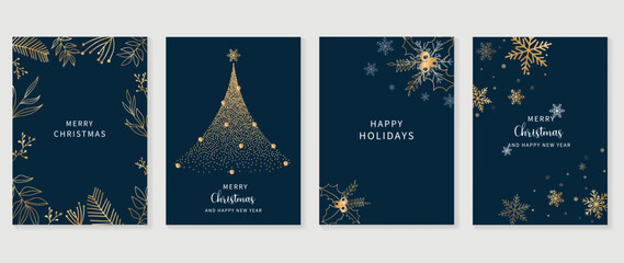 luxury christmas and happy new year holiday cover template vector set. gold winter leaves, holly, gl
