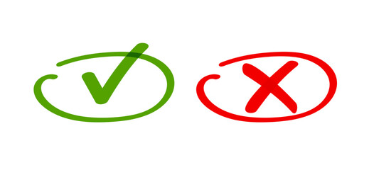 Poster - Yes no or dos and don'ts drawn written check mark cross hand drawn graphic red green clipart, false true tips instructions element, vote test exam pen marker choice, confirm decline icon, error right
