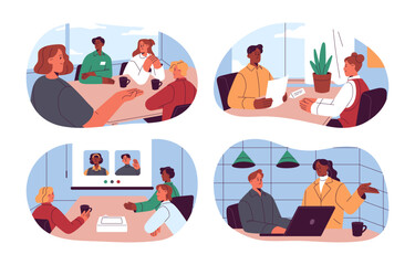 Fototapete - Office work set. Employee teams at meeting, laptop, workplace. Daily business routine, job interview, conference, communication with coworkers. Flat vector illustrations isolated on white background