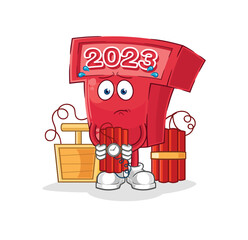 Wall Mural - new year 2023 holding dynamite character. cartoon mascot vector