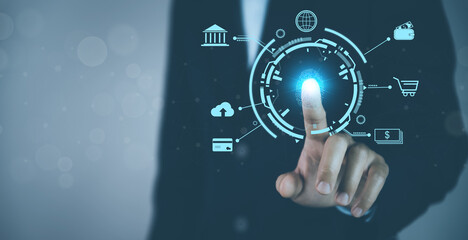 businessman's hand scans fingerprints through a virtual screen. Cybersecurity code concept for biometric authentication.	
