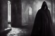 spooky figure with a cloak in a church, generative ai