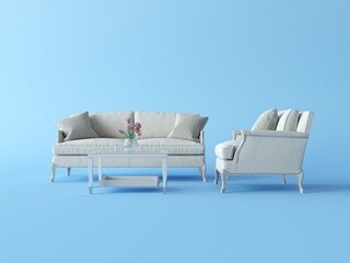 Wall Mural - Modern interior of living room with sofa on blue free space scene. Light beige sofa and armchair, coffee table. Spring Summer house concept , 3d rendering. Neutral interior mockup