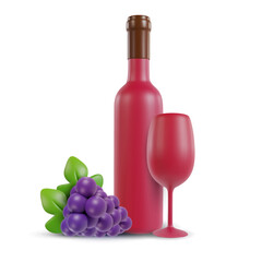 Wall Mural - 3d realistic composition with bottle, wine glass and grape. Vector object in modern minimal cartoon glossy style. Sweet colorful illustration isolated on white background.