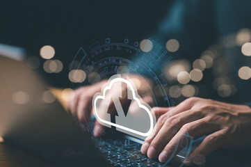 Leinwandbilder - man use Laptop with cloud computing diagram show on hand. Cloud technology. Data storage. Networking and internet service concept.