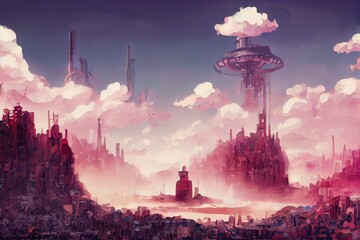 Illustration The boy grows up. No one in the village can wipe his thought of looking for a life in the iron metropolis. Full of uncertainty ahead. Realistic Sci Fi Style. Scene Wallpaper Design