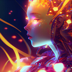 Detailed female super robot with bright neon light rays on black background. modern digital art illustration.