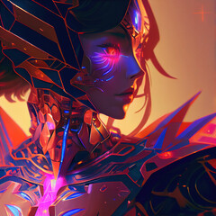 Detailed female super robot with bright neon light rays on black background. modern digital art illustration.