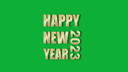 Poster - 4k Animated Happy New Year 2023 Golden Letters text Isolated on Chroma key Green Screen. Holiday Neon Year Greeting Card Design Element. Shining Gold Greeting Text Animation. 