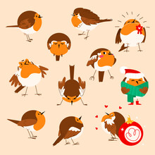 Robin Bird Vector Set. Cute Bird Character In Different Poses. Winter Holiday Vector Cartoon Illustration For Stickers, Prints, Clothing, Packaging