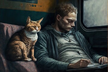 A man resting with his cat, working on his computer and listening to chill and relaxed music, feeling pet love