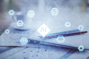 Poster - Double exposure of table with computer on background and data theme hologram. Data technology concept.