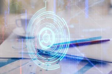 Aufkleber - Double exposure of table with computer on background and data theme hologram. Data technology concept.