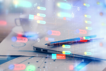 Poster - Double exposure of table with computer on background and data theme hologram. Data technology concept.