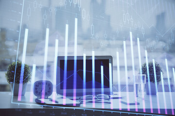 Poster - Forex Chart hologram on table with computer background. Multi exposure. Concept of financial markets.