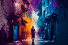Abstract Drawing Of Person In A Street Covered In Colourful Paint With An Explosion Of Colour Behind
