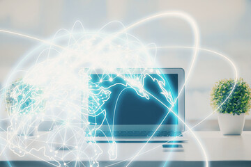 Aufkleber - Double exposure of business theme icons and work space with computer background. Concept of success.