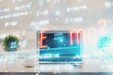 Poster - Desktop computer background and formula hologram writing. Double exposure. Education concept.