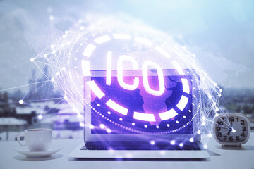 Poster - Double exposure of blockchain and crypto economy theme hologram and table with computer background. Concept of bitcoin cryptocurrency.