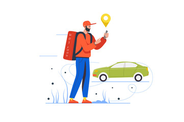 Poster - Food delivery service modern flat concept. Courier received online order and carries bag of meal home to buyer. Fast ship and tracking. Illustration with people scene for web banner design