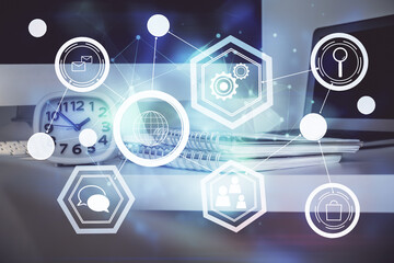Poster - Computer on desktop with social network theme icon. Multi exposure. Concept of international connections.