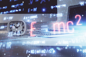Poster - Desktop computer background and formula hologram writing. Double exposure. Education concept.