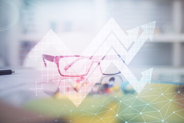 Aufkleber - Arrows drawing up with glasses on the table background. Concept of business growth. Double exposure.