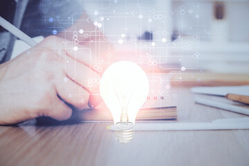 Poster - Innovative your business. Idea concept icon on writing man's hand background. Multi exposure.
