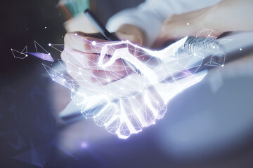 Poster - Handshake drawing over hands taking notes background. Concept of success. Double exposure