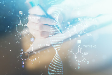 Poster - DNA theme hologram over woman's hands writing background. Concept of education. Double exposure