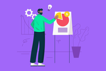 Poster - Business process and data analysis modern flat concept. Businessman makes report with financial statistics and analyzes company strategy. Illustration with people scene for web banner design