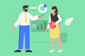 Poster - Business process and data analysis modern flat concept. Businessman and businesswoman discussing financial statistics and brainstorming. Illustration with people scene for web banner design