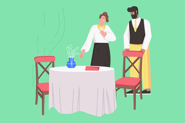 Wall Mural - Dinner at restaurant modern flat concept. Waiter greets female visitor and sits down her at table. Happy woman visits cafeteria for dining. Illustration with people scene for web banner design