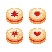 Linzer Christmas Cookies Icon Set Vector. Delicious Christmas Linzer Round Cookies With Jam Icon Set Isolated On A White Background. Festive Shortbread Biscuit Drawing