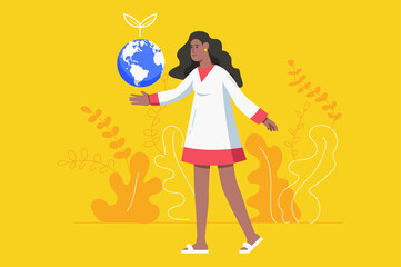 Poster - Earth day holiday celebration modern flat concept. Woman pointing at planet, taking care of nature and environment, eco friendly activist. Illustration with people scene for web banner design