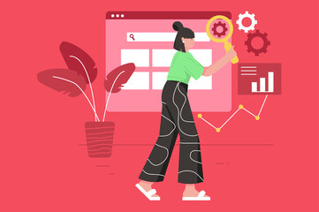 Aufkleber - Seo optimization service modern flat concept. Woman sets up search in browser, analyzes data on queries and keywords and promotes sites. Illustration with people scene for web banner design