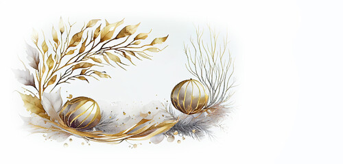 Sticker - Christmas panoramic image, card, print, Christmas white and gold decoration, watercolor illustration isolated on white background,  Generative AI