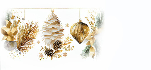 Sticker - Christmas panoramic image, card, print, Christmas white and gold decoration, watercolor illustration isolated on white background,  Generative AI.