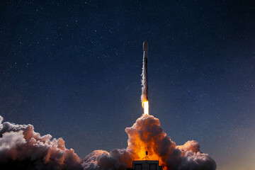 Poster - New space rocket with blast and smoke successfully takes off into starry space. Space ship lift off and launch