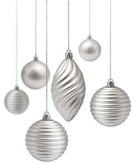 Wall Mural - stylish modern silver christmas decoration set hanging, isolated, shallow dof