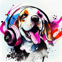 Happy Smiling Beagle Puppy With Headphones, Colorful Fine Art, Ai Generated Illustration