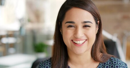 Poster - Business woman, face and happy with vision, mindset and motivation for success. Portrait smile of a young entrepreneur or corporate professional with bokeh and background in startup company in spain